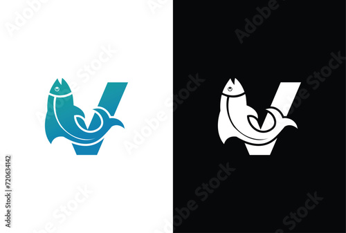 Initial Letter V Fish Logo Design Vector Icon Graphic Emblem Illustration. Word mark logo icon formed fish symbol in letter V in White background.