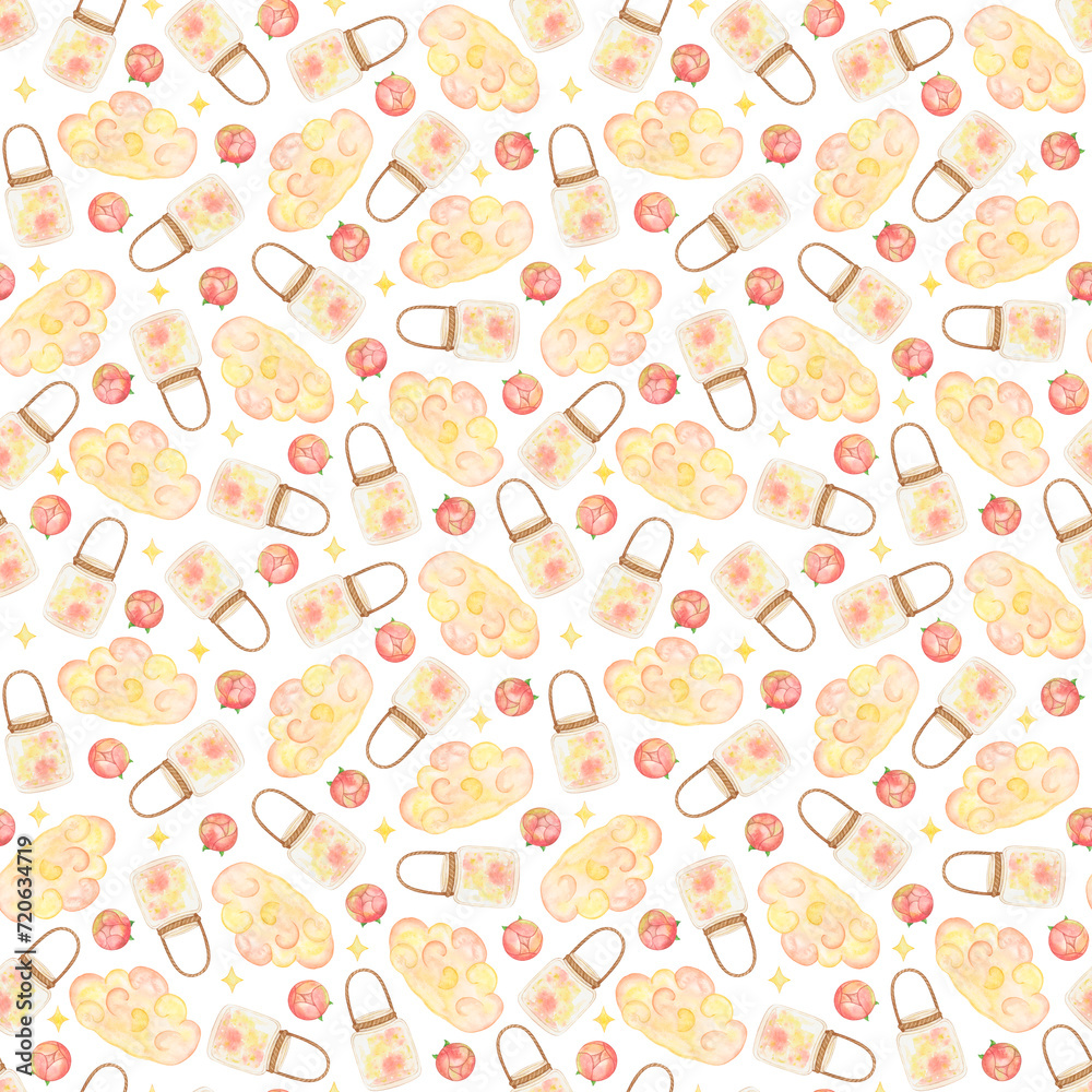 Seamless pattern with watercolor elements: clouds, magic glass jars, peonies and stars Seamless pattern with watercolor elements: clouds, magic glass jars, peonies and stars