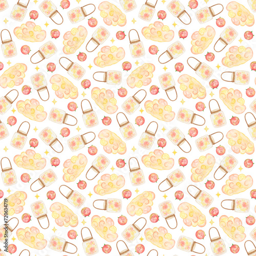 Seamless pattern with watercolor elements: clouds, magic glass jars, peonies and stars