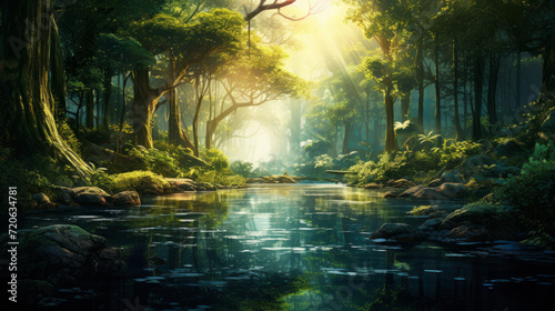 Magic of a dense forest surrounding a tranquil pond