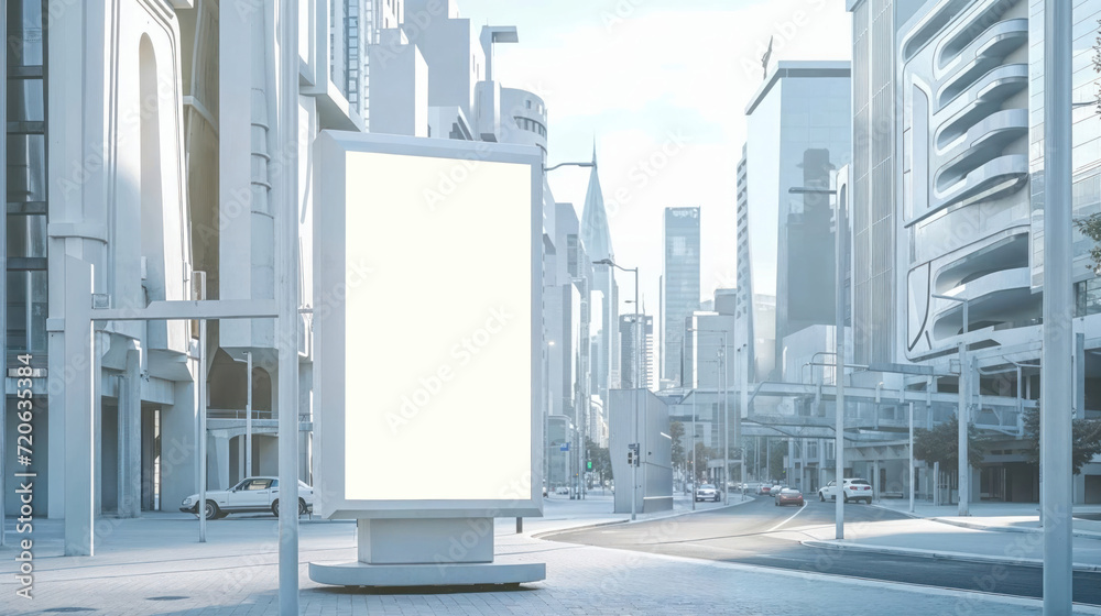 A mockup of a poster on a street in a pristine white space, with an ultra-futuristic eco city in the background, showcasing a high-technology urban environment in a commercial and realistic photograph