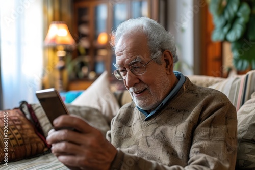 Senior man at home entering verification code in smartphone, fraud prevention concept. 