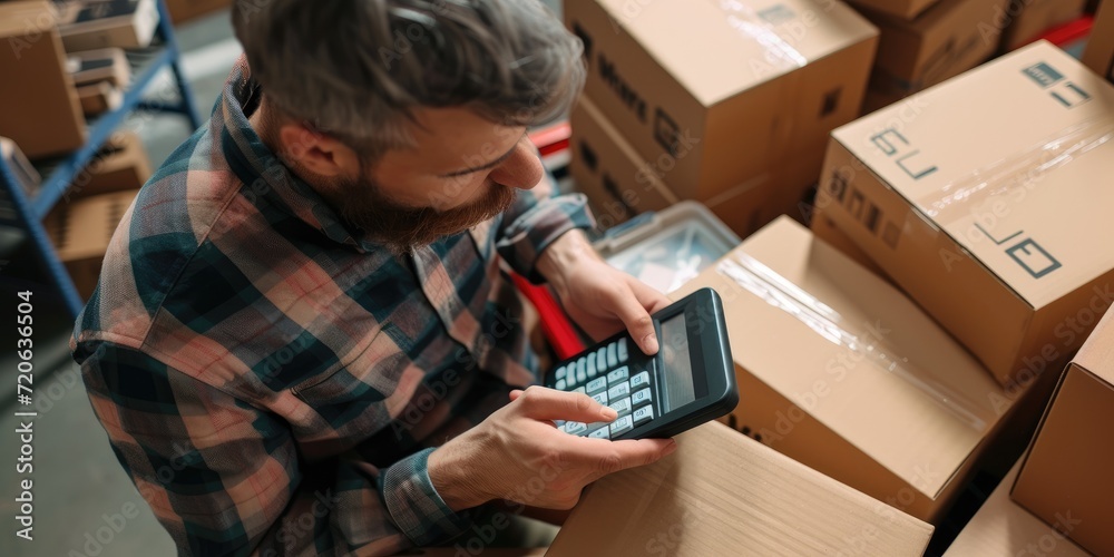 An entrepreneur calculating taxes on a digital device, warehouse boxes background - obrazy, fototapety, plakaty 