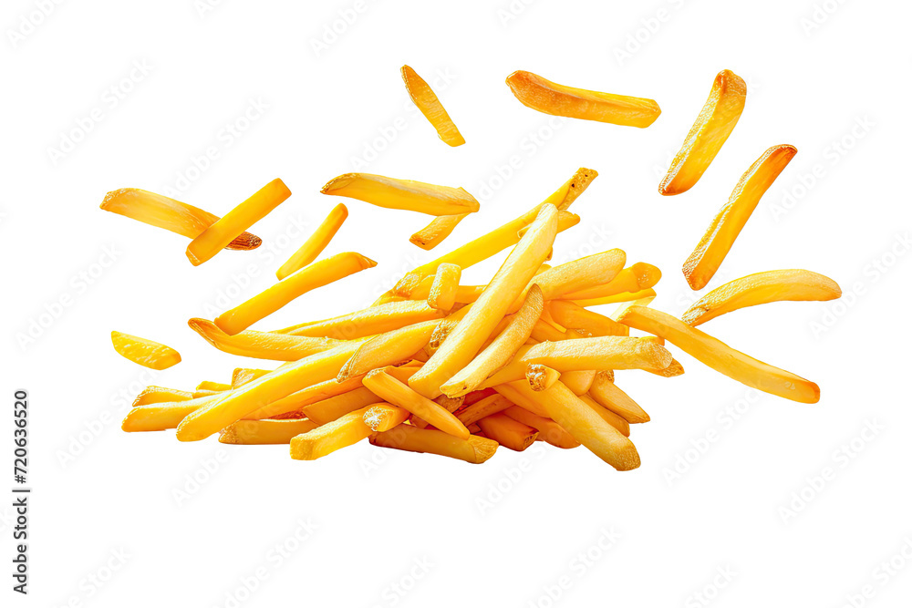 French fries or potato fries with salt taste isolated on background, fast food with high calories, popular appetizer or snack. - obrazy, fototapety, plakaty 