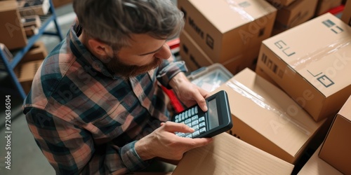 An entrepreneur calculating taxes on a digital device, warehouse boxes background photo