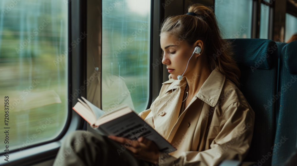 Fototapeta premium young woman is sitting by the window of a train, reading a book and listening to music through earphones, looking relaxed and content