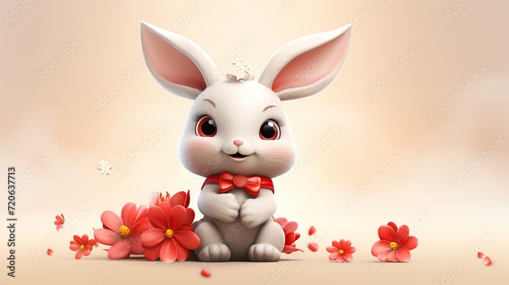 Obraz premium Cute bunny with red flowers for Chinese new year banner template background. Created with Generative AI