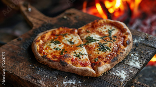 Heart-shaped wood-fired Margherita pizza topped with fresh basil, perfect for a romantic Valentine's Day dinner