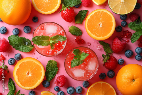 fruits cocktails flat lay , сolorful summer drink juicy ,fruits background
