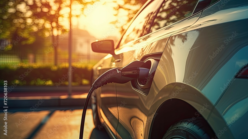 Electric car charging at a station during a golden sunset. Stock ...