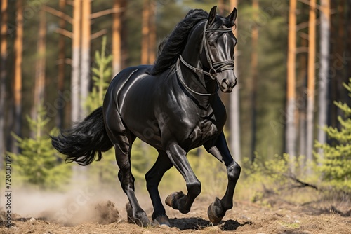 Image of a beautiful black running horse