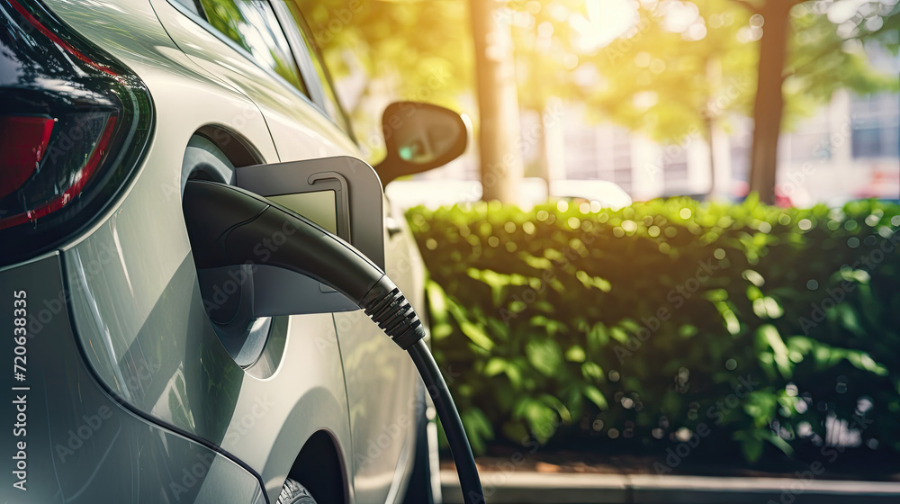 Electric vehicle charging in urban setting with sunlight. Electric vehicle charging in urban setting with sunlight.