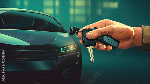 A hand holding a car key fob with an electric car in the background.