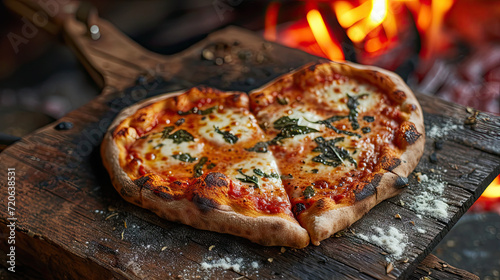 Heart-shaped wood-fired Margherita pizza topped with fresh basil  perfect for a romantic Valentine s Day dinner