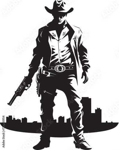 Spur Wearing Sentinel Cowboy Holding a Gun Icon Sheriff Swagger Vector Cowboy with Gun Emblem