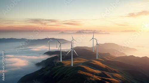 Wind turbines on misty mountains at sunrise. photo