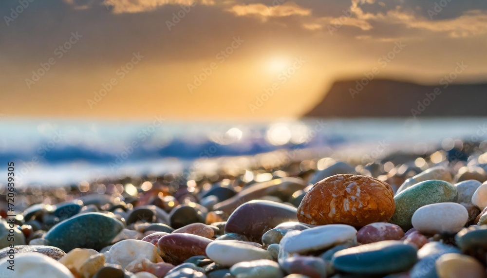 Close-up shot of multicolored sea polished stones, rolled pebbles on the seashore texture gems, ocean in the background, sunset, copyspace on a side