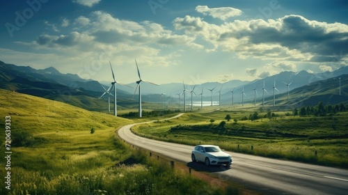 Car driving on a scenic road with wind turbines and mountains.