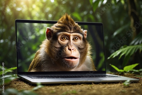 monkey on screen of laptop on table in jungle forest, business technology with people sustainability concept, nature saving technology