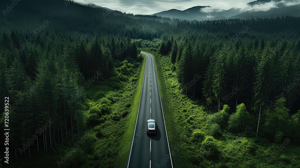 Car driving on a road through a dense forest from above.