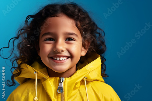 portrait of a happy smiling little girl with black curly hair, in a bright yellow raincoat, on a blue background. a place to copy, a stylish yellow jacket on a child.For billboard, banner © Irina Afanaseva