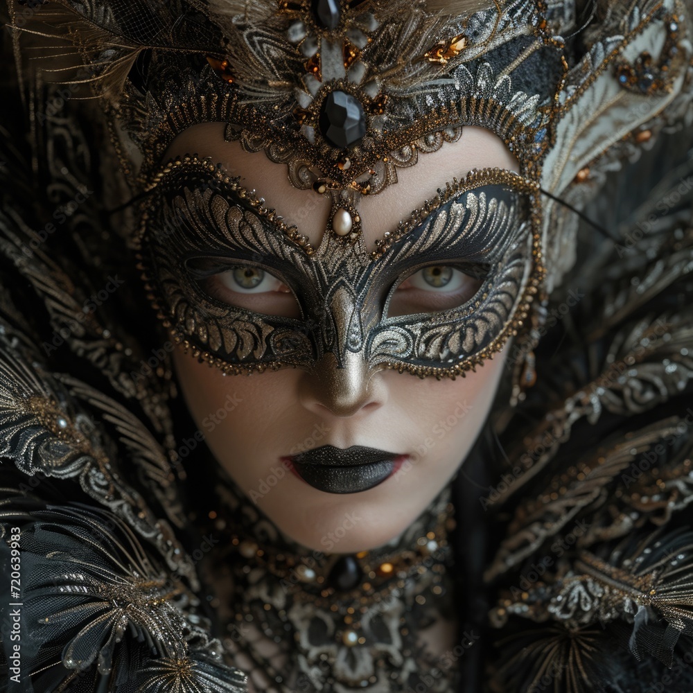 Studio portrait of a person in an avant-garde Rio or Venetian carnival costume with a bright feather mask and sequined outfit