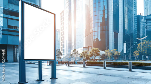 A mockup of a poster on a street in a pristine white space  with an ultra-futuristic eco city in the background  showcasing a high-technology urban environment in a commercial and realistic photograph
