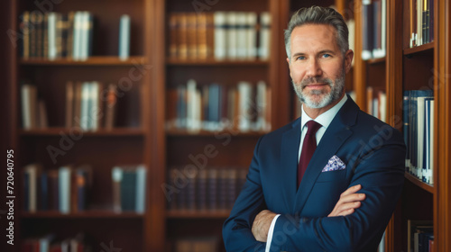 distinguished looking middle-aged man with salt and pepper hair, wearing a suit and standing with his arms crossed in front of a bookshelf filled with books