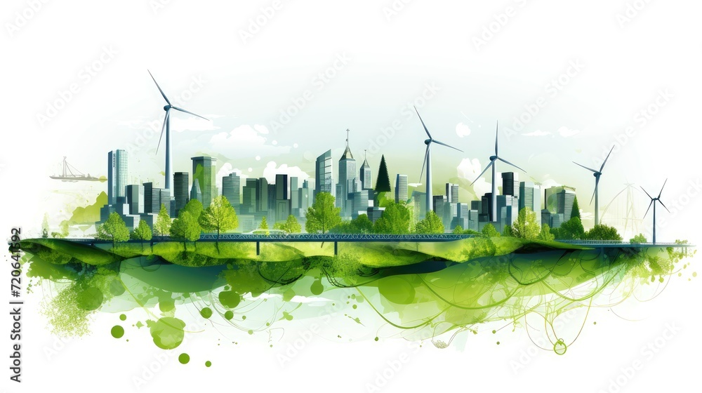 Stylized cityscape with wind turbines and greenery reflecting sustainable living.