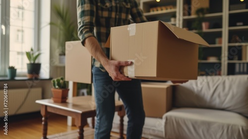 moving concept, a man stands among cardboard boxes with things and furniture in the middle of an empty living room and opens packed boxes photo