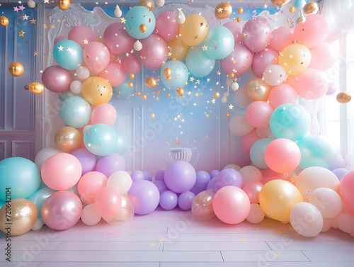 Celestial Delight: high-resolution PNG, Balloons, Stars, and Rainbow Cake Smash Backdrops for Magical Baby Birthday Photography