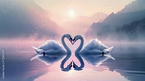 Two swans on the lake, making heart shape photo
