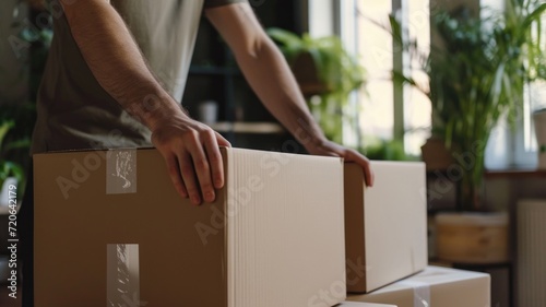 moving concept, a man stands among cardboard boxes with things and furniture in the middle of an empty living room and opens packed boxes