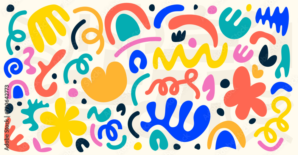 Groovy hand drawn curve modern art collage colorful shapes brutalism aesthetic design background. Naive playful abstract shapes, Vector illustration elements Scandinavian retro 90s cartoon style