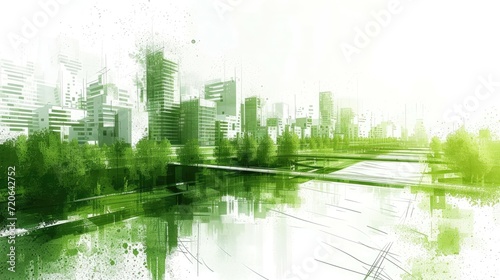 Abstract cityscape reflection in water with a green overlay.