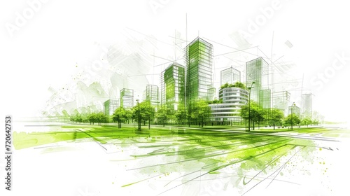 Green urban park with abstract high-rise buildings and dynamic sketches.