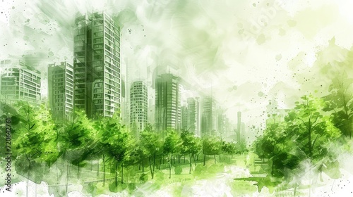 Ethereal green cityscape with buildings amid trees and splashes of paint.