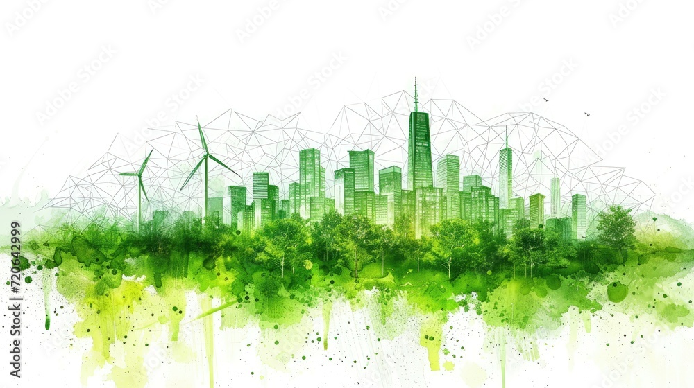 Stylized green cityscape with wind turbines and digital mesh overlay.