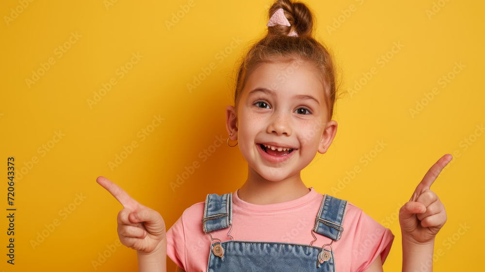 young girl with a joyful expression, pointing both of her fingers to her sides against a bright yellow background young girl with a joyful expression, pointing both of her fingers to her sides against a bright yellow background