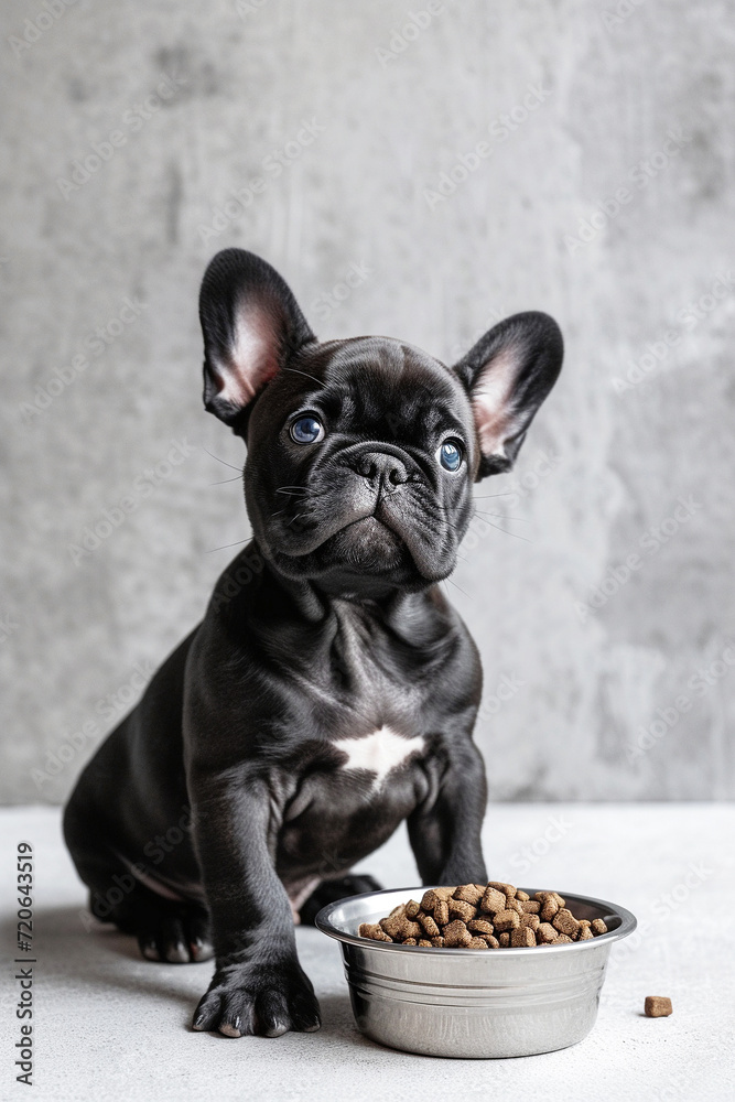 A cute black French bulldog puppy sits on the floor next to a bowl with dry food against a gray wall and looks at the camera. Vertical format. Animal care concept