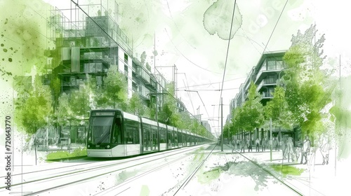 Tranquil tramway passage through a lush urban greenway.