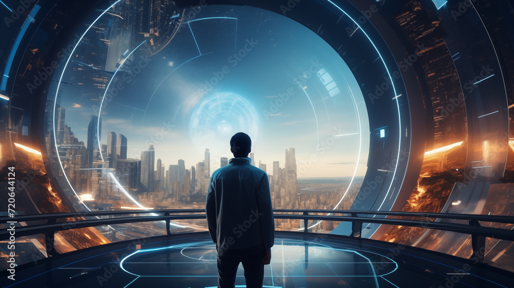 Fototapeta premium a man with a futuristic outlook looking onto a city landscape