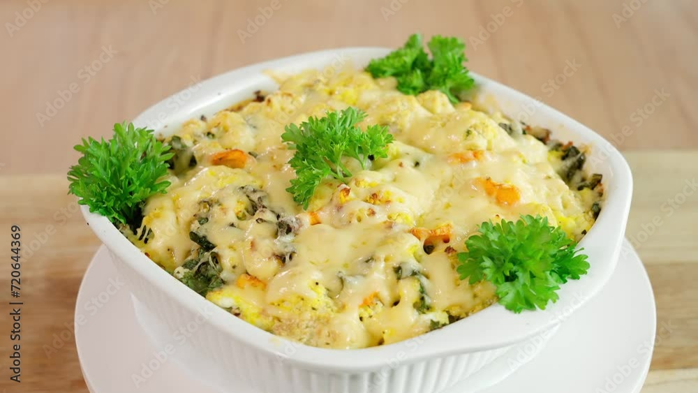 Vegetable cauliflower casserole with cheese, eggs and cream close-up in a baking dish demonstration in a circle. Close-up, front view. Vegetable cauliflower casserole with cheese, eggs and cream close-up in a baking dish demonstration in a circle. Close-up, front view.