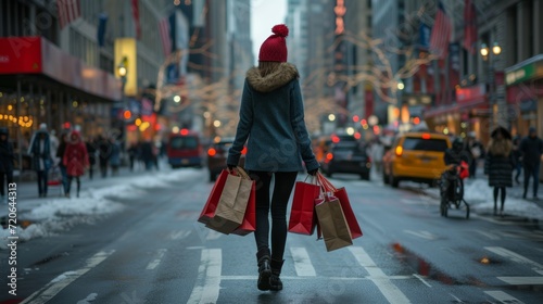 A woman carries two heavy shopping bags through the streets of city
