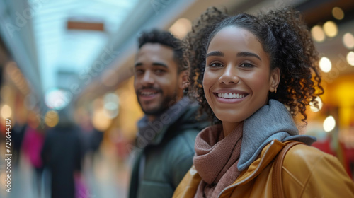 A woman and her boyfriend are all smiles as they enjoy a day of shopping together at the mall