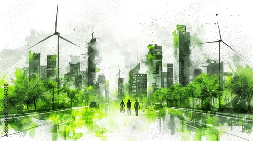 Green cityscape with cycling and walking paths, skyscrapers, and wind energy.
