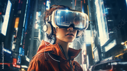 a girl in futuristic glasses standing in crowded city