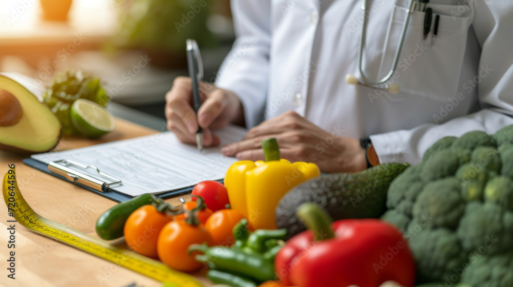 Healthcare professional, presumably a dietitian or nutritionist, with a clipboard in hand, writing notes in front of a table filled with various fresh vegetables Healthcare professional, presumably a dietitian or nutritionist, with a clipboard in hand, writing notes in front of a table filled with various fresh vegetables
