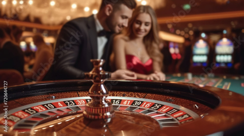 a young couple plays roulette in a casino. A man is dressed in a black suit, a woman is dressed in a red satin dress