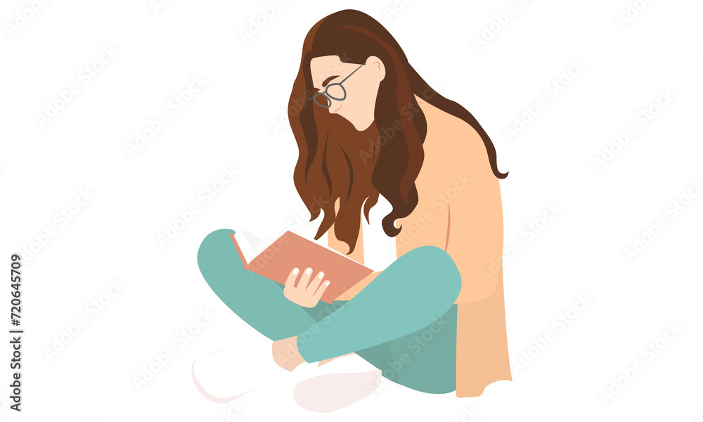 Woman Reads a Book, Flat Drawing, Person, Character, Knowledge, Girl, Relaxation, Concept, Art, Student, Hobby, Isolated, Silhouette